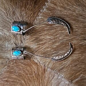 Ear Cuffs Sterling Turquoise Old Pawn 70's Feather Dangle